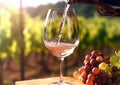 Pouring pink rose wine from bottle to glass,summer evening.Macro.AI generative Royalty Free Stock Photo