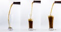 Pouring process of dark stout beer into a beer glass, splashes, drops and froth around glass Royalty Free Stock Photo