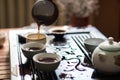 Pouring of Puer Tea from Gaiwan at Traditional Chinese Tea Ceremony. Set of Equipment for Drinking Tea