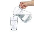 Pouring purified fresh water from the jug in glass, isolated on background Royalty Free Stock Photo