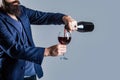 Pouring red wine from bottle into the wineglass. Waiter pouring red wine in a glas Sommelier man, degustator, winery Royalty Free Stock Photo