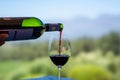 Pouring red wine into the glass against nature blurred background
