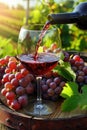 Pouring red wine into glass in the vineyard on a beautiful summer day. Grapes on the barrel. AI Generated Royalty Free Stock Photo