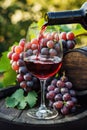 Pouring red wine into glass in the vineyard on a beautiful summer day. Grapes on the barrel. AI Generated Royalty Free Stock Photo