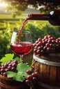 Pouring red wine into glass in the vineyard on a beautiful summer day. Grapes on the barrel. AI Generated Royalty Free Stock Photo