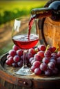 Pouring red wine into glass in the vineyard on a beautiful summer day. Grapes on wooden barrel. AI Generated Royalty Free Stock Photo