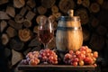 Pouring rose wine into glass on the vineyards on wooden table with pink grapes. Sommelier pouring dessert wine in glass Royalty Free Stock Photo