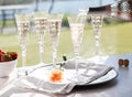 Pouring rose wine into a tall crystal flute glass with other filled glasses in behind, against a bright sunny window.