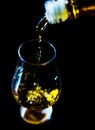 Pouring single malt whisky into a glass, golden color whisky