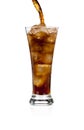 Pouring soda cola in a glass with ice on white Royalty Free Stock Photo