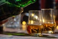 Pouring in Speyside whisky glass of whisky, single malt and blended scotch whisky served in bar in Edinburgh, Scotland, UK with Royalty Free Stock Photo