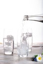 Pouring of stil mineral drink water in glasses with ice cubes cl Royalty Free Stock Photo