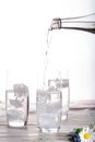 Pouring of stil mineral drink water in glasses with ice cubes cl