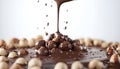 Pouring sweet chocolate onto hazelnuts against white background Royalty Free Stock Photo