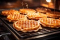 Pouring syrup on belgian waffles in oven