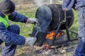 Pouring tar from the melting device 3