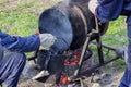 Pouring tar from the melting device 4