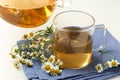 Pouring tasty chamomile tea into cup Royalty Free Stock Photo