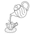 Pouring tea from porcelain tea pot into cup with saucer, doodle style vector for coloring book