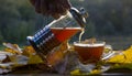 Pouring tea into a cup on the background of the sunset, with Royalty Free Stock Photo