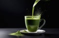 pouring traditional Japanese refreshing green matcha tea into cup on dark background