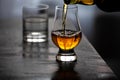 Pouring in tulip-shaped tasting glass Scotch single malt or blended whisky