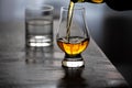 Pouring in tulip-shaped tasting glass Scotch single malt or blended whisky