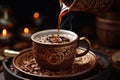 Pouring Turkish coffee, close up, with a decorative cup, aromatic