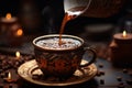 Pouring Turkish coffee, close up, with a decorative cup, aromatic