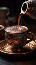 Pouring Turkish coffee, close up, with a decorative cup, aromatic