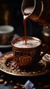 Pouring Turkish coffee, close up, with a decorative cup, aromatic