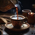 Pouring Turkish coffee, close up, with a decorative cup, aromatic