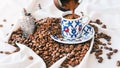 Pouring Turkish coffee into coffee cup on white background Royalty Free Stock Photo