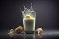 Pouring vegan potato milk in glass and potato in bowl on light background. Healthy vegetarian and vegan drink concept with copy
