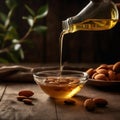 Pouring Virgin Extra Almond Oil onto Fresh Almonds