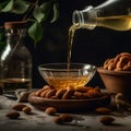 Pouring Virgin Extra Almond Oil onto Fresh Almonds