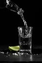 Pouring vodka into the shot glass on a black background with a blank space for a text Royalty Free Stock Photo