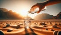 Pouring water from a bottle into a glass against a desert sunrise, highlighting the importance of hydration Royalty Free Stock Photo
