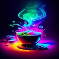 Pouring water on a bowl of soup. Colorful background. generative AI