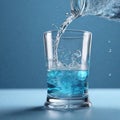 Pouring water into a glass on blue background, close-up. Clean water. Royalty Free Stock Photo