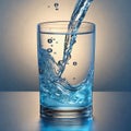 Pouring water into a glass on blue background, close-up. Clear and cold water. Royalty Free Stock Photo