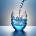 Pouring water into a glass on blue background, close-up. Clear and cold water. Royalty Free Stock Photo