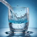 Pouring water into a glass on blue background, close-up. Cold and clean water. Health Royalty Free Stock Photo