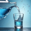 Pouring water into a glass on blue background, close-up Royalty Free Stock Photo