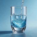 Pouring water into a glass on blue background, close-up Royalty Free Stock Photo