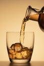 Pouring whiskey or other alcohol into a glass with ice. close-up vertical photo, orange background Royalty Free Stock Photo