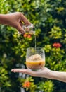 Pouring whisky on to ice cream in a glass cup. Hand holding glass cups with a flowery background Royalty Free Stock Photo