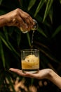 Pouring whisky on to ice cream in a glass cup. Hand holding glass cups. Royalty Free Stock Photo