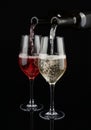 Pouring of white and red wine from bottles into glasses on dark background Royalty Free Stock Photo