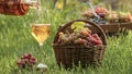 Pouring white wine from a bottle into glass on wooden table with green grapes Royalty Free Stock Photo